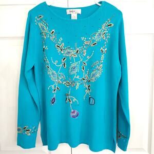 KIKIT Maurice Sasson Vintage Sweater Large Teal Embroidery Beaded Cottage Resort